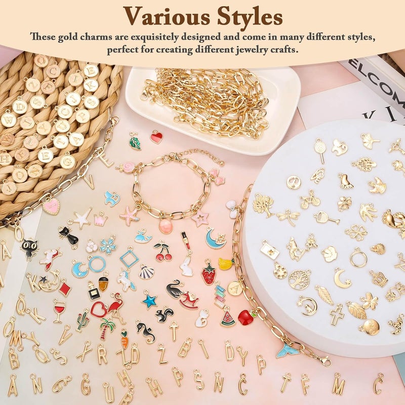 Flasoo 416 Pieces Gold Charm Bracelet Making Kit, Including Paperclip Chain Bracelets, Charms, Jump Rings for Jewelry Making - Image 4